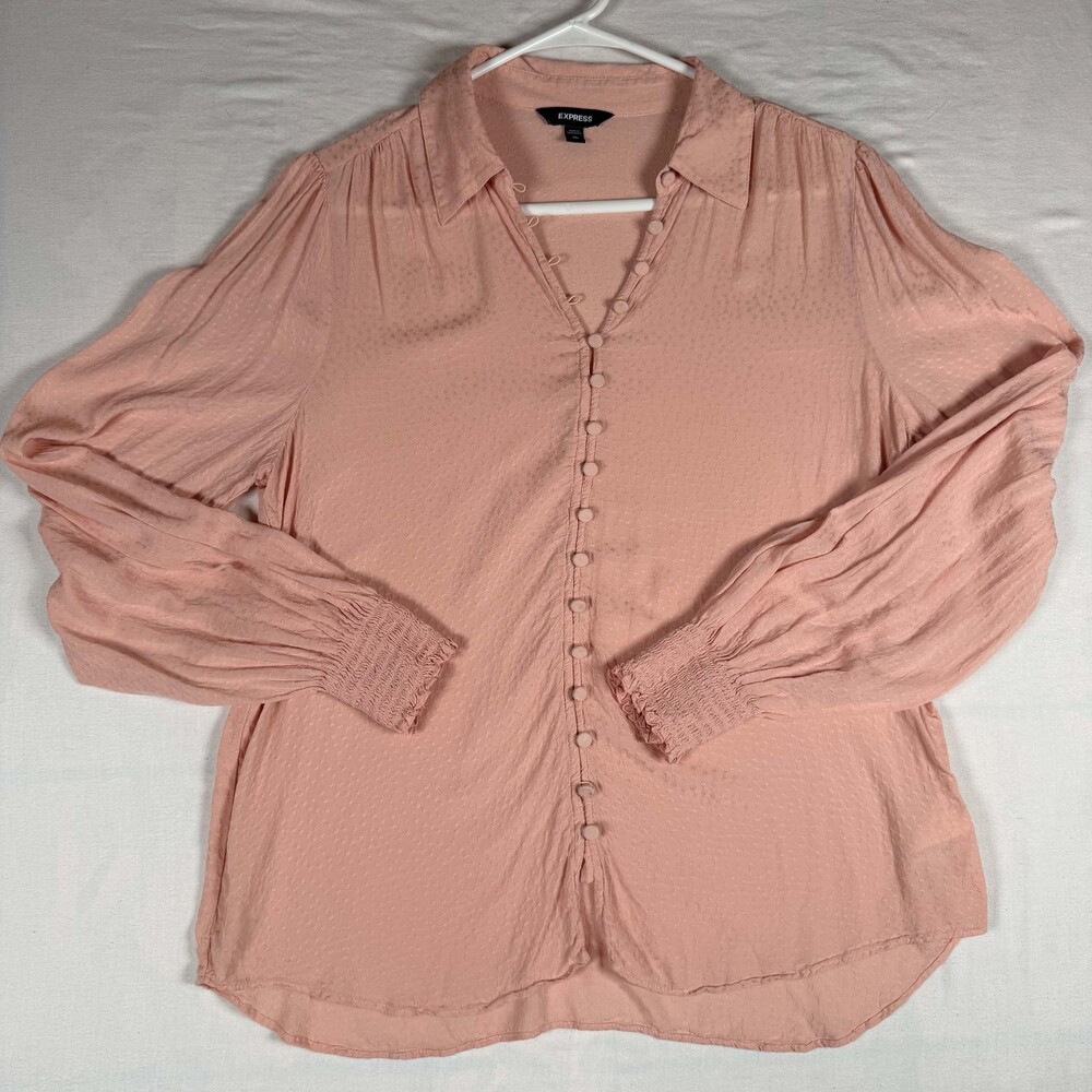 Express Pink Clip Dot Blouse Womens M Smocked Coquette Romantic Office Siren Top